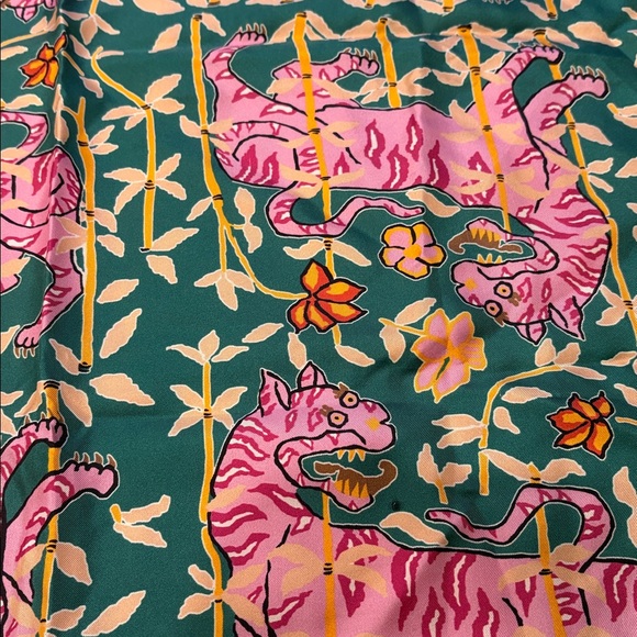 J Crew - Drakes Silk Pink and Green Animal and Floral Scarf - Picture 3 of 5
